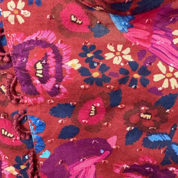 Farm RIO Floral Birds Blush Sleeves Red and Blue Blouse Size XS 100% Cotton - Picture 8 of 14